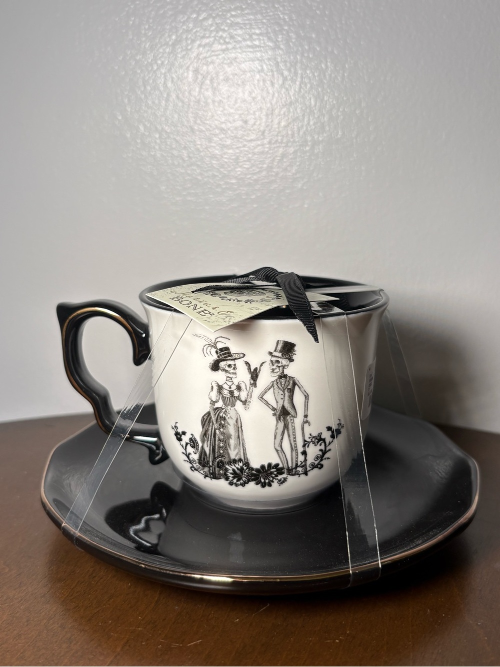 Black and White Illustrated Teacup and Saucer Set by